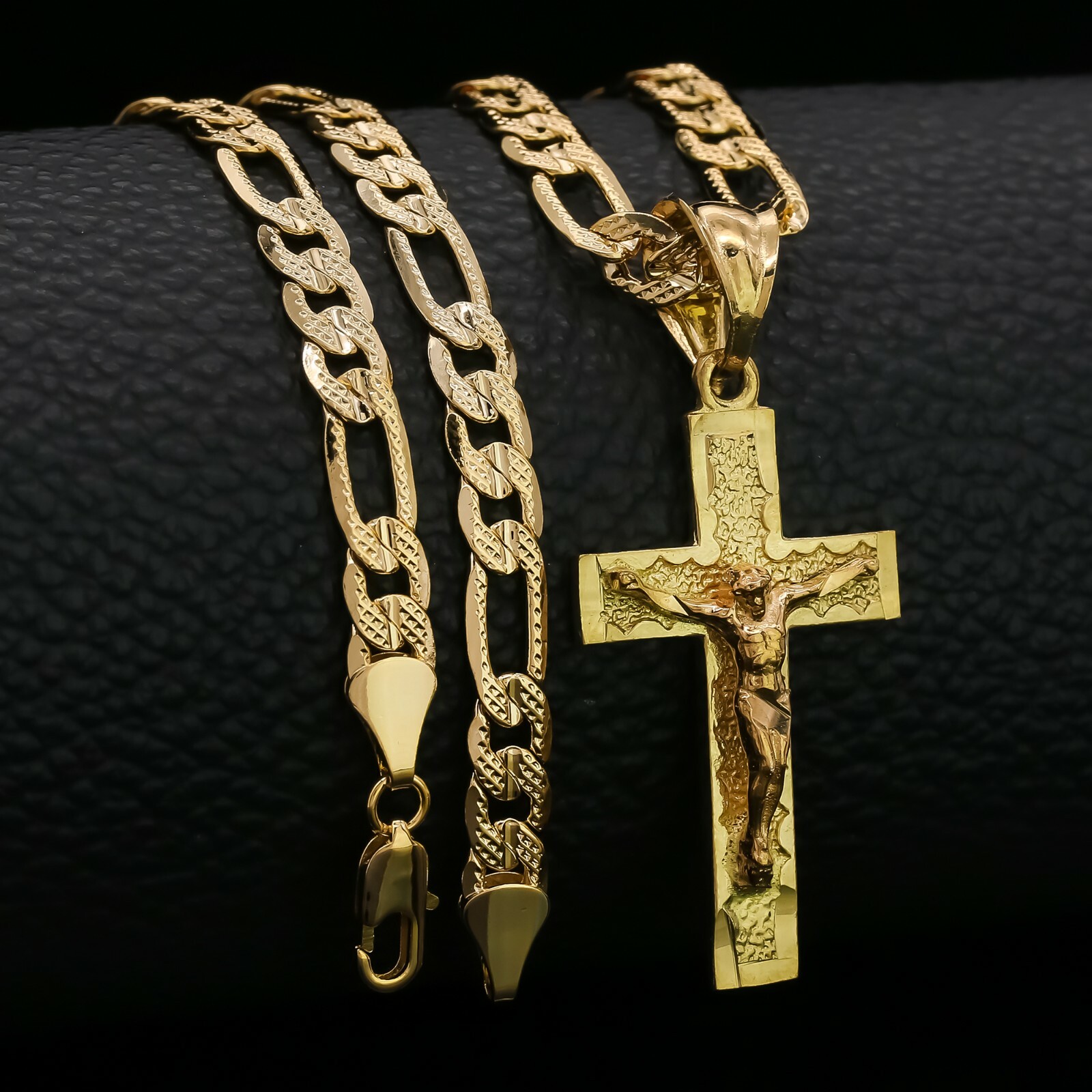 Hip Hop Jesus Cross (s-3) Pendant Solid Gold Plated 24″ Figaro Chain Necklace