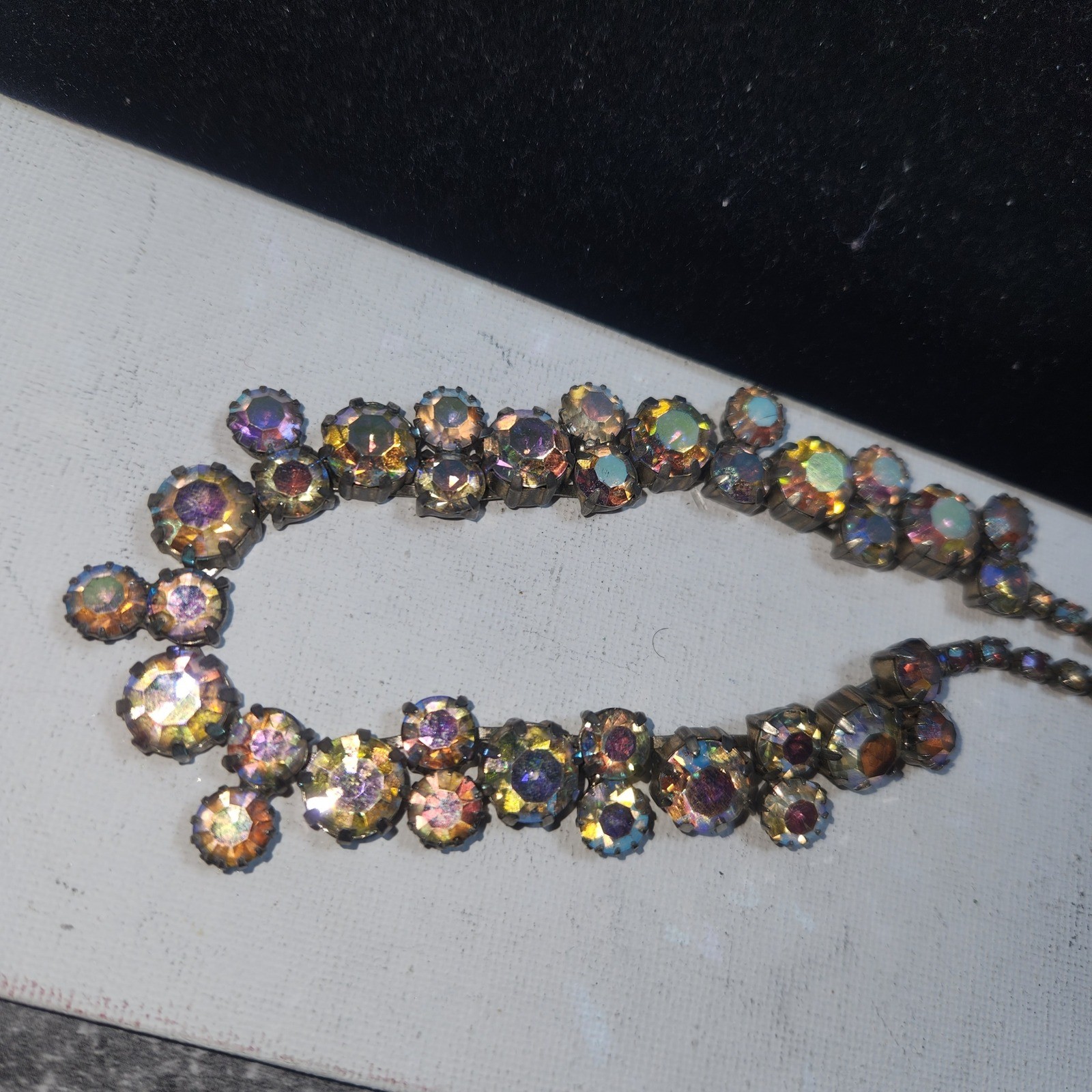 Vintage Aurora Borealis Rhinestone Choker Necklace Silver Tone J-Hook 15.5 Inch
