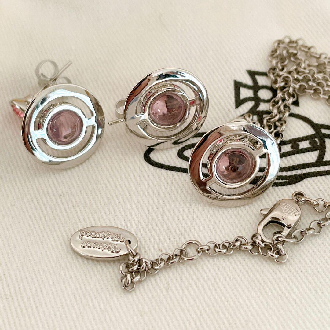 Vivienne Westwood Petite Orb Pink Silver Necklace Earrings Set NO BOX