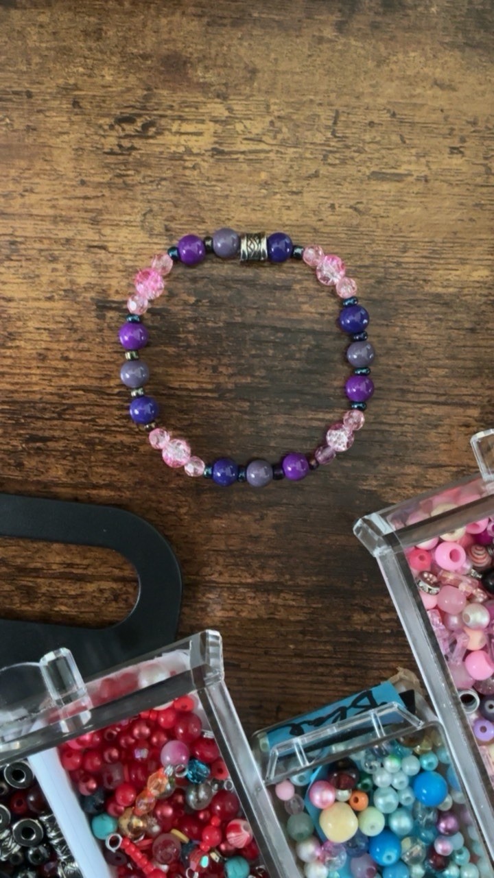 Handmade Beaded Stretch Bracelet Purple Pink Blue Round Beads Stackable Sizable
