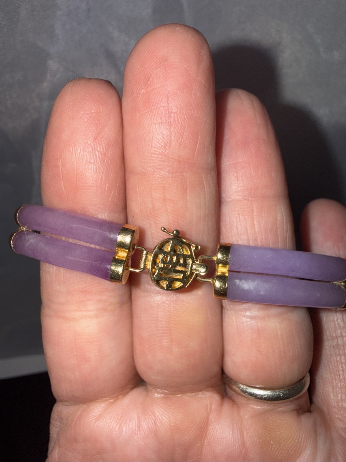 14k Gold Wide Double Lavender Jade Bracelet 10mm Asian 7.25″ Vintage Heng Ngai