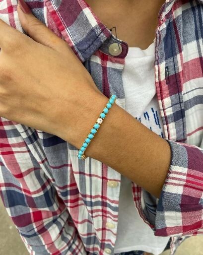 Sleeping Beauty Turquoise Round Cabochon Tennis Bracelet In 925 Silver