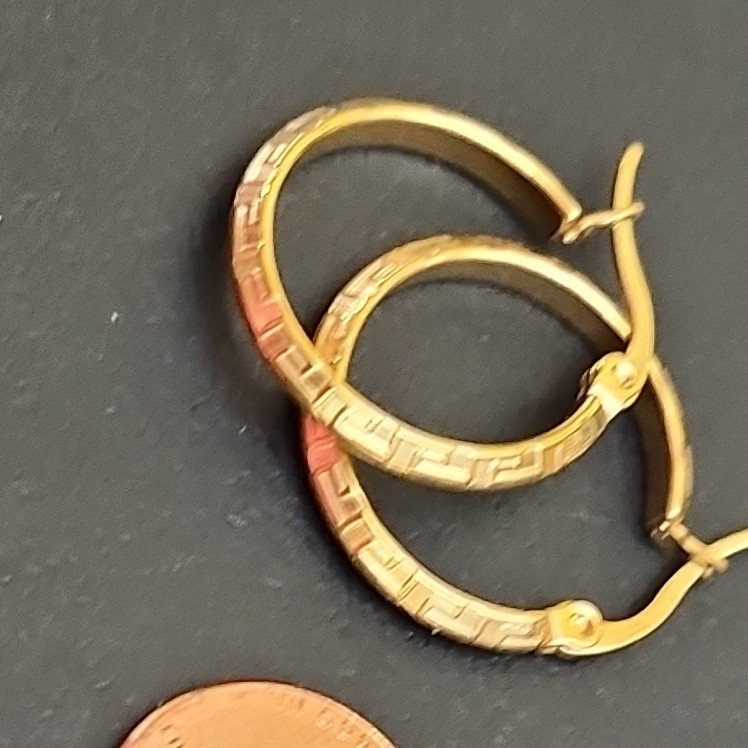 Gold-Tone Round Hoop Leverback Earrings Metal No Stone Greek Key Pattern