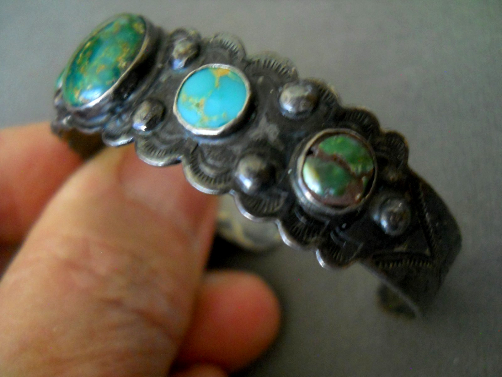 Old Fred Harvey Navajo Cerrillos Turquoise Sterli Silver Cuff Bracelet Stampwork