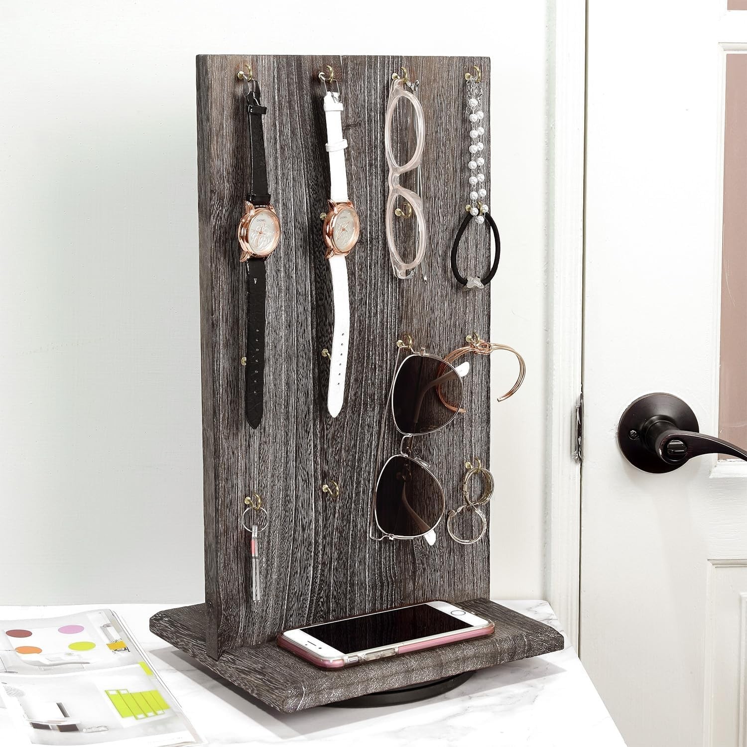 Elegant Wood Rotating Two-Sided Jewelry Display with 32 Hooks in Coffee Finish