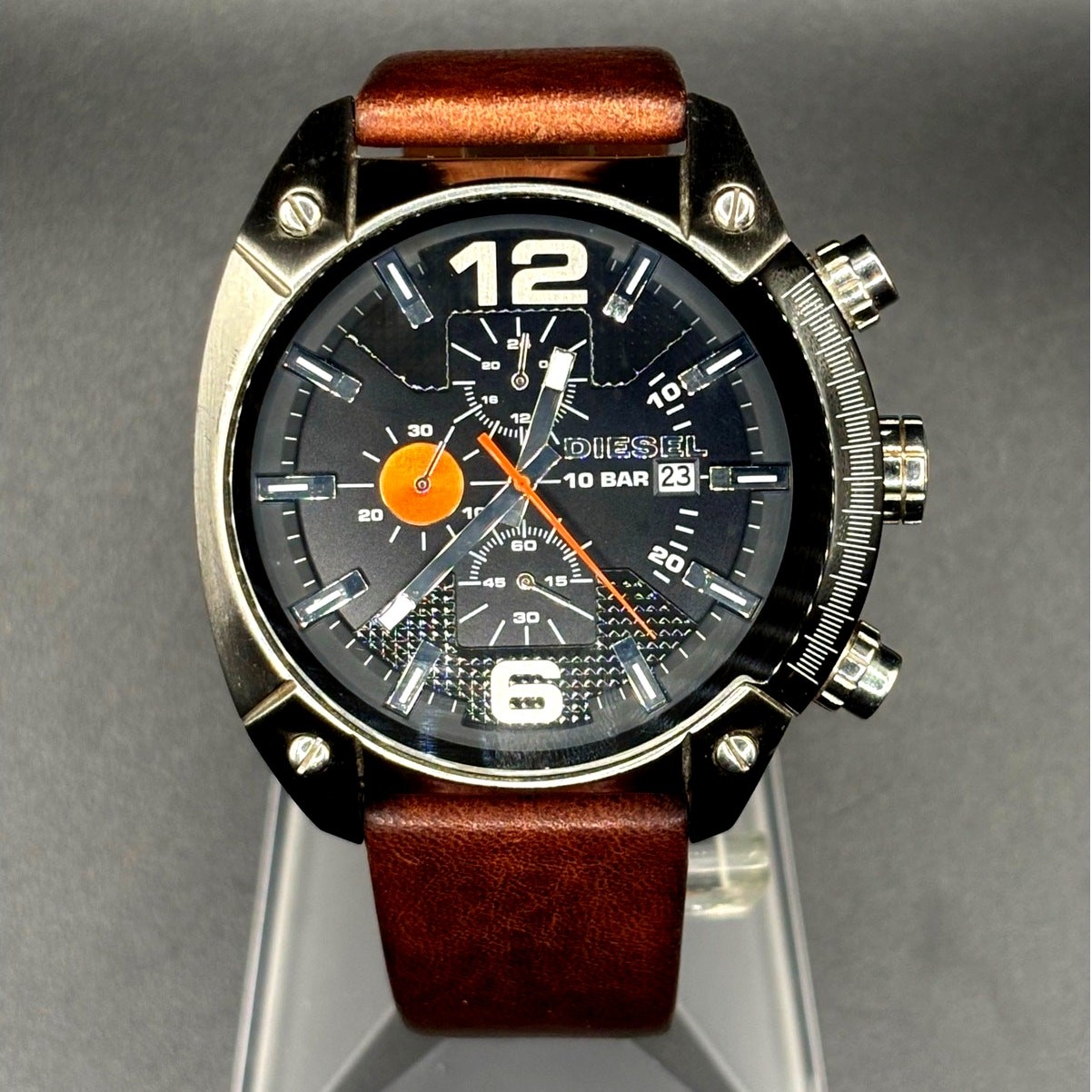 Diesel DZ4204 Men’s Overflow Chronograph Silver Case Brown Leather Watch