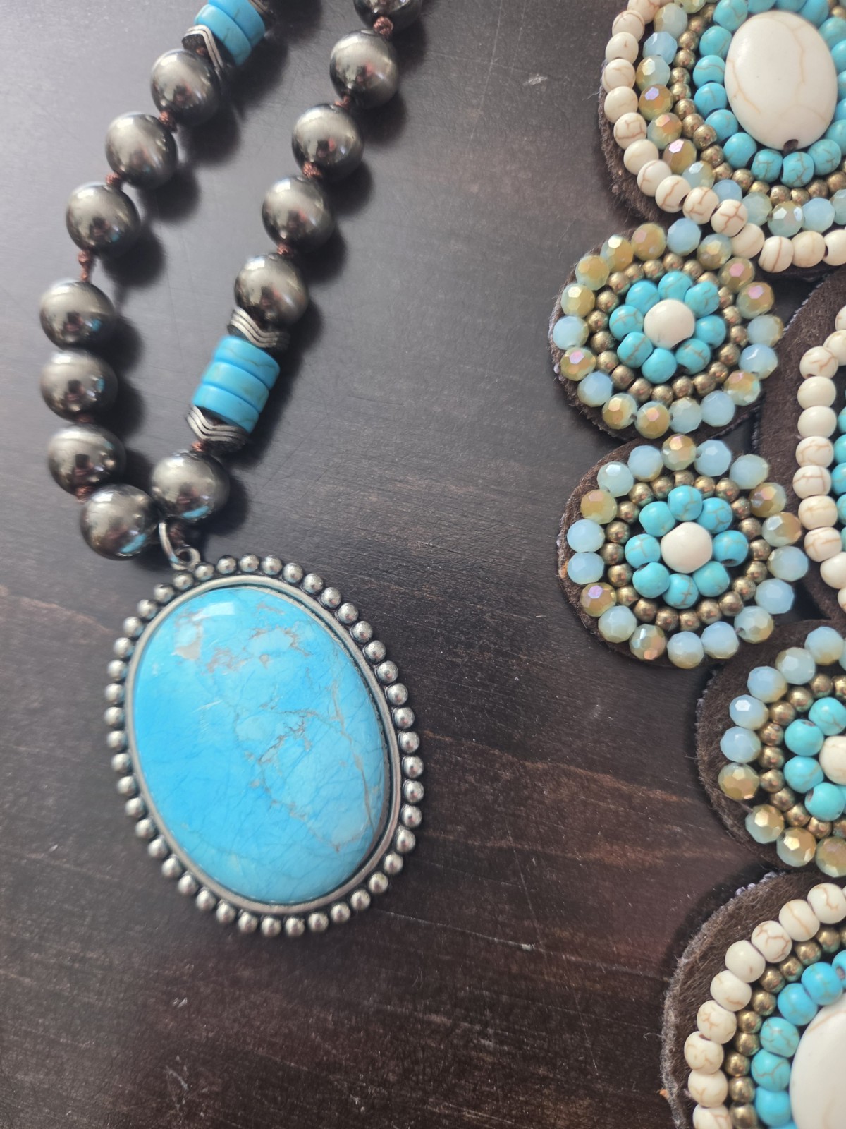 Lot Of Turquoise Jewelry Beaded Thai Bib Collar Necklace W Howlite, Navajo & See
