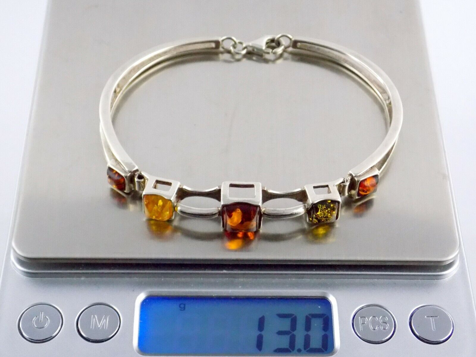 Sterling Silver Multi Color Amber Bangle Bracelet 925 7.75 In 13g Orange Green