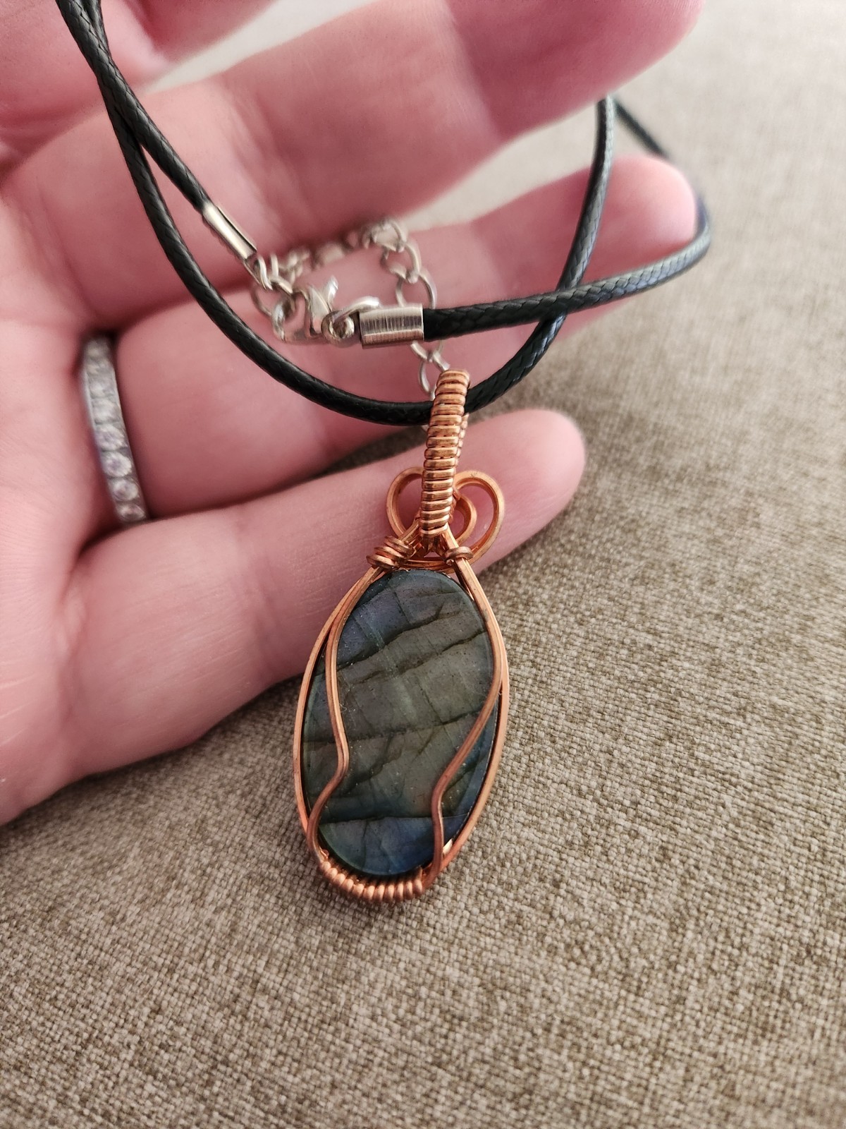 Labradorite Wrapped In Copper Wire Pendant w/wax Coated Cord Necklace