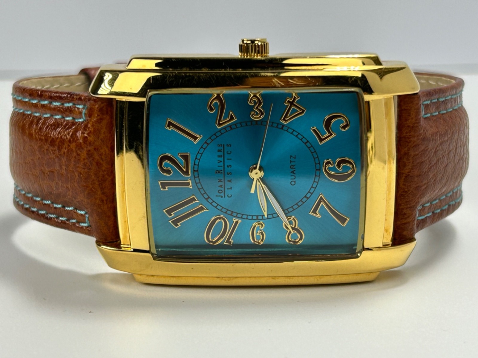 Vintage Joan Rivers Classics V377 Womens 34MM Tank Quartz Gold Tone W/Blue Dial