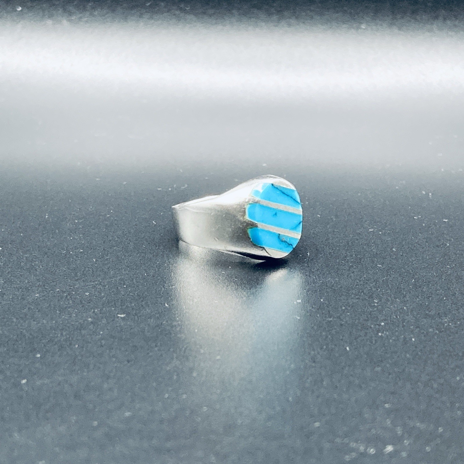 Vintage Taxco 925 Sterling Silver Turquoise Signet Ring Size 10 Linear Inlay 9g