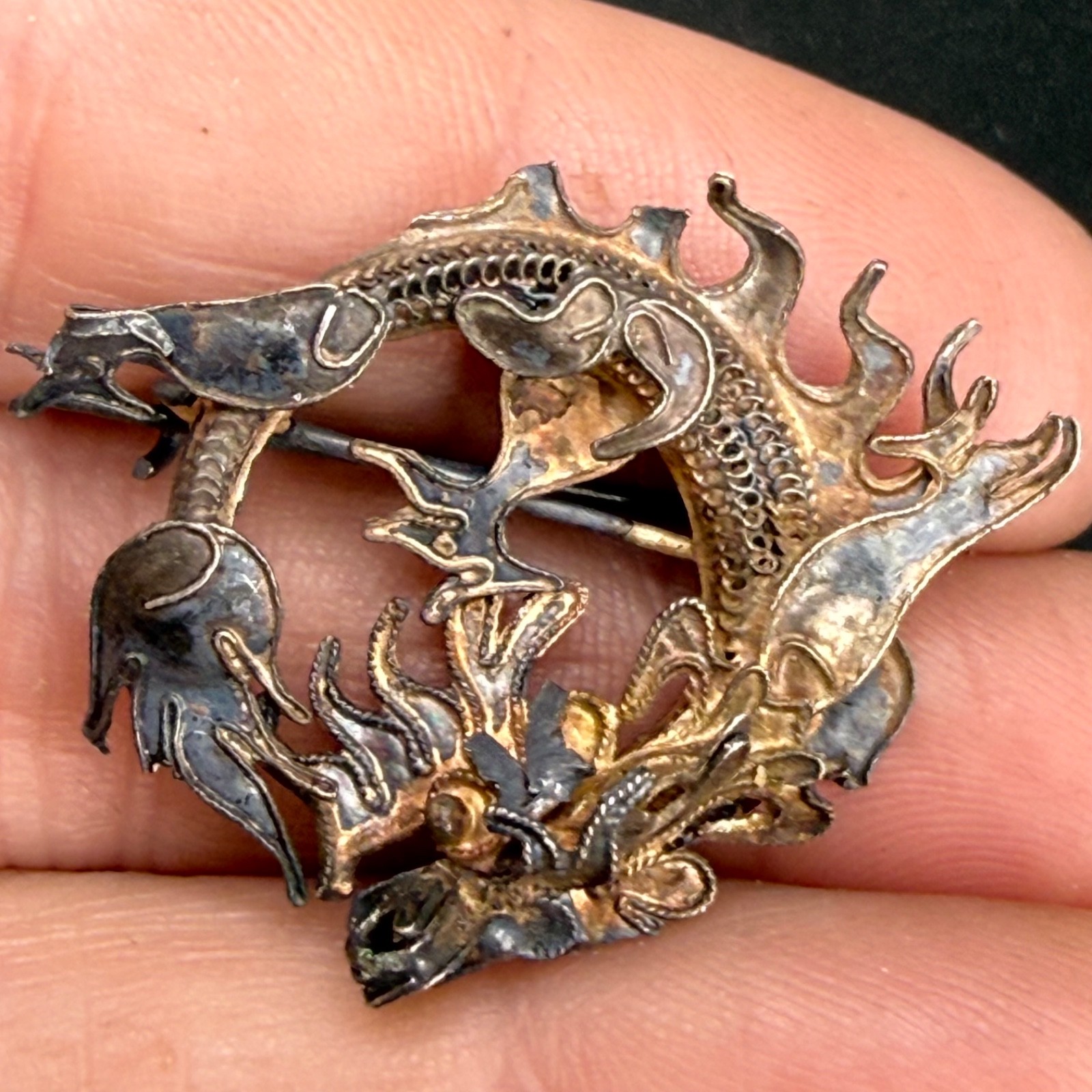Vintage Chinese Export Brooch Silver Tone Fish Sea Dragon