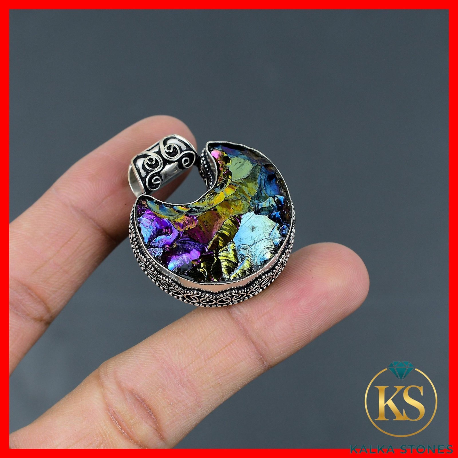 925 Sterling Silver Titanium Druzy Stone Crescent Moon Vintage Birthday Pendant