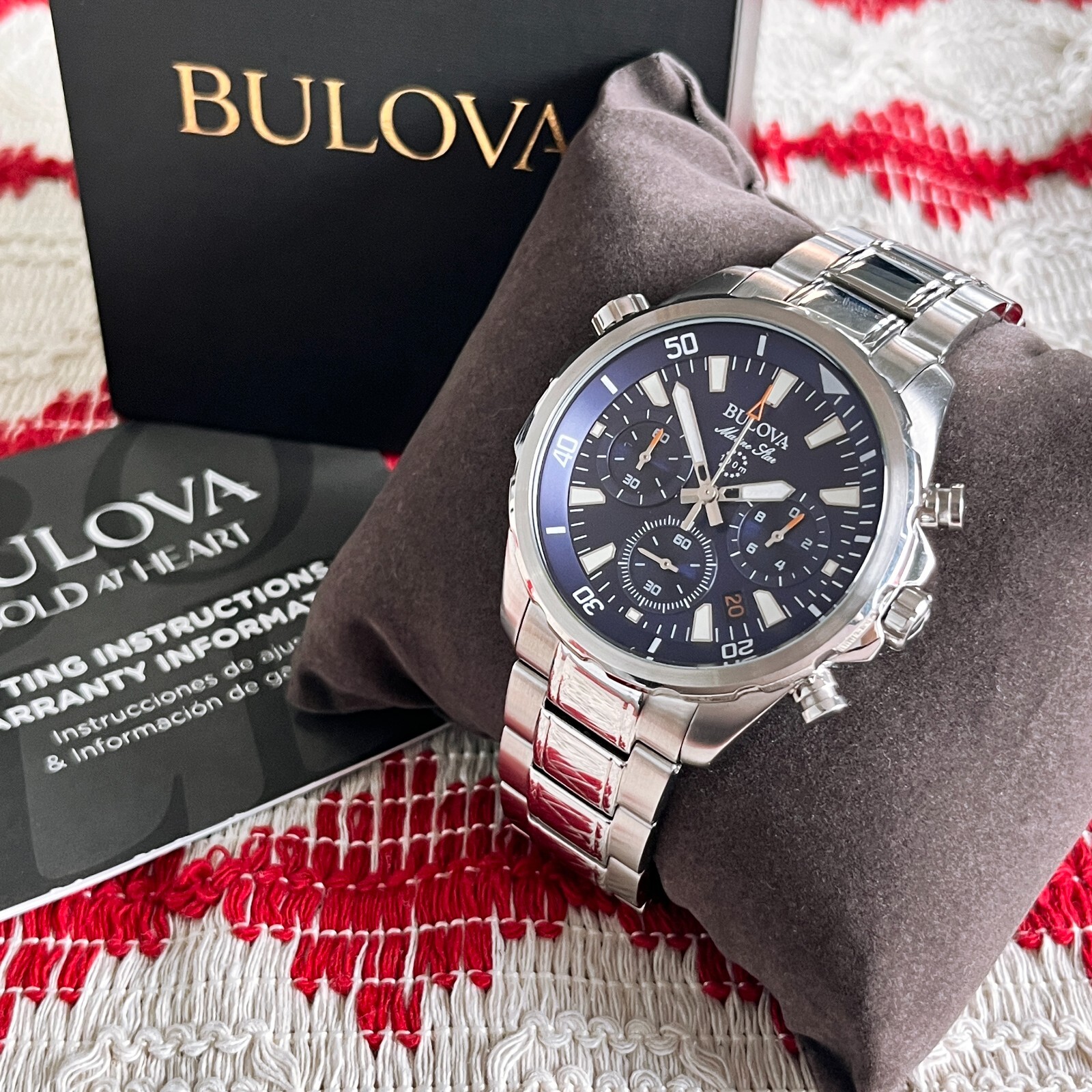 Classic Bulova Marine Star 96B256 Blue Dial 43mm Chronograph Quartz Men’s Watch