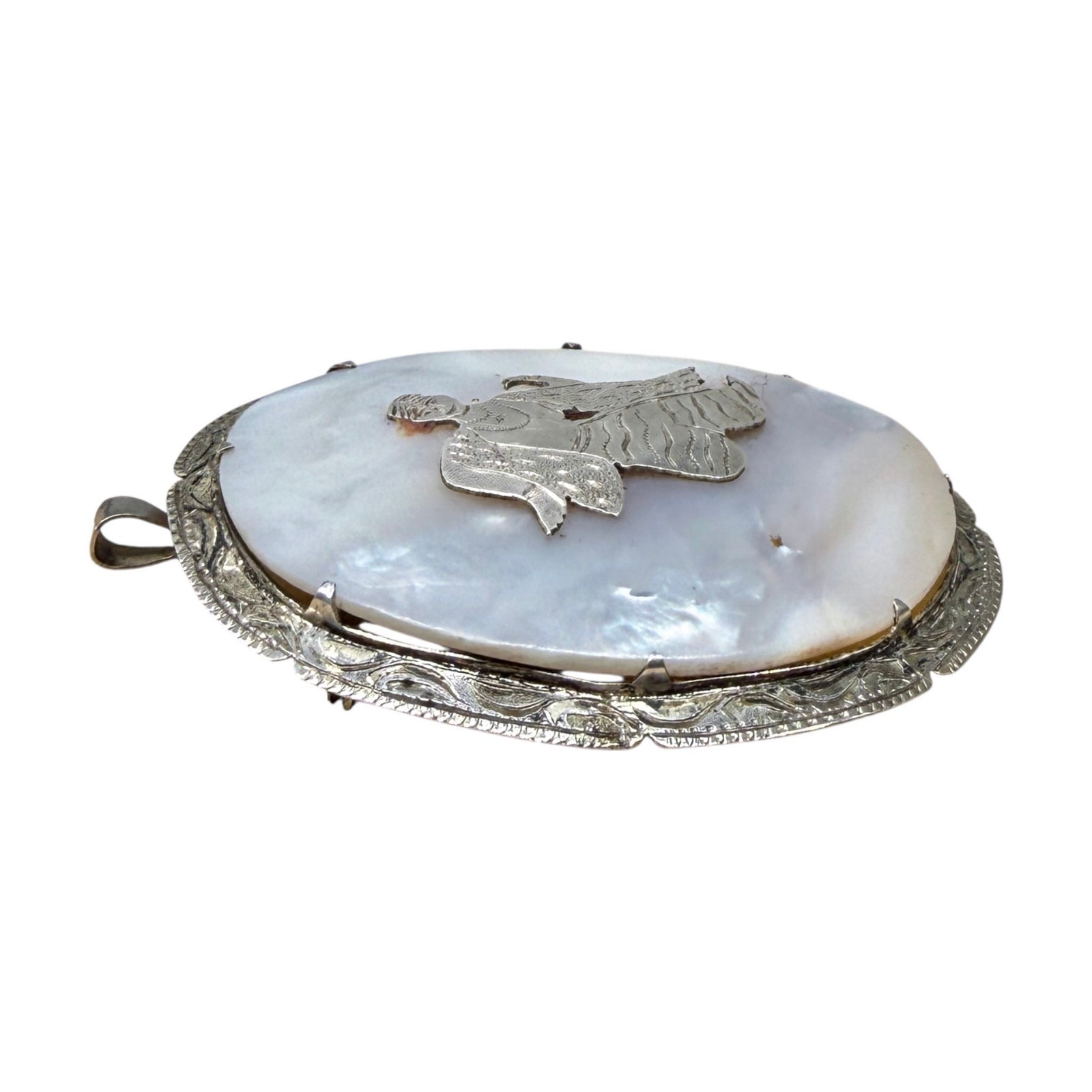 Estate 1960s Siam Sterling Silver Mother Pearl Goddess Mekkala Pendant / Brooch