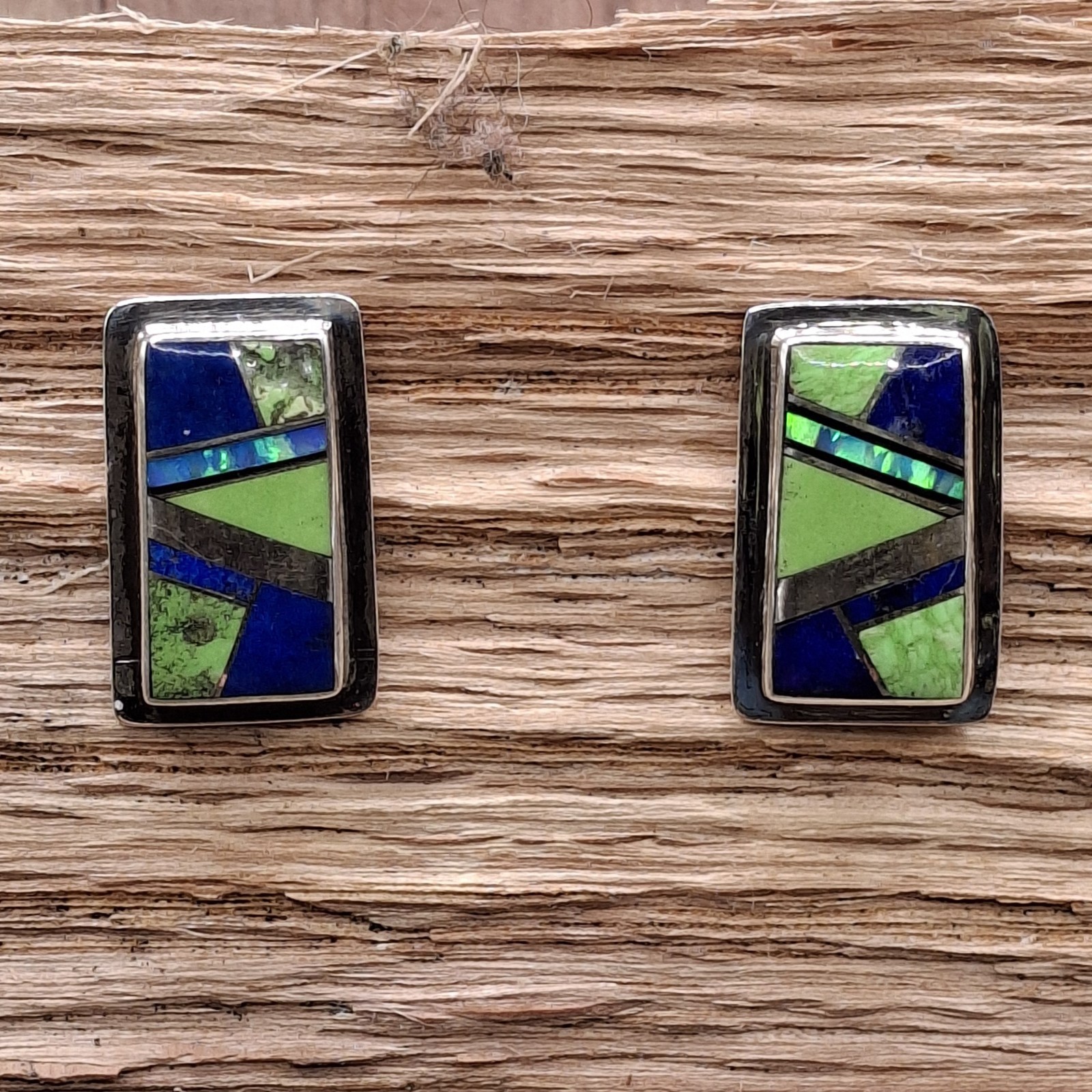 Native American Lapis Gaspeite Sterling Silver Stud Earrings Signed SF Francisco
