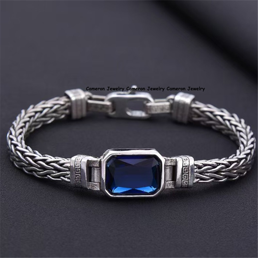 Pure S925 Sterling Silver Braided Wheat Bracelet With Blue Sapphire 7.1-8.7inch
