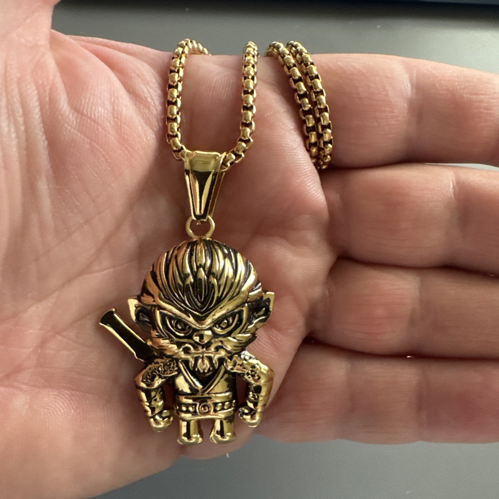 Gold Plated Monkey King Sun Wukong Chinese Mythology Pendant 24 Inch Chain Gift