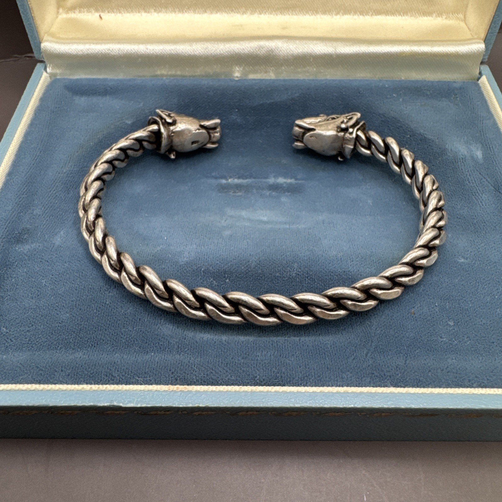 Sterling Silver Elephant Head Cuff Bracelet Open Ended Braided Bangle 39 grams