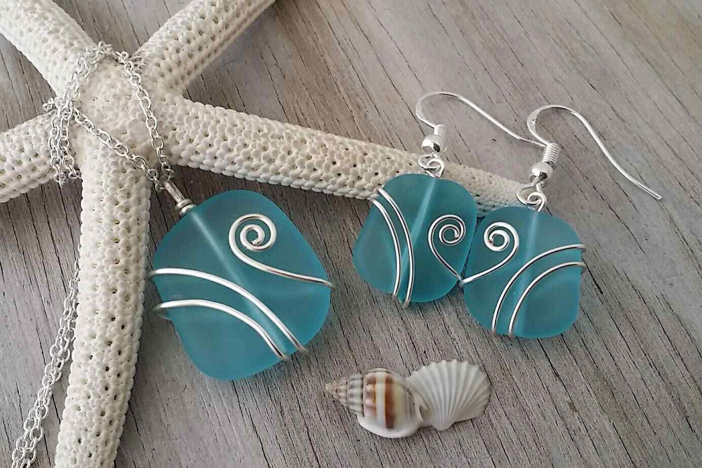 Made in Hawaii, Wire wrapped blue sea glass necklace + earrings jewelry set,