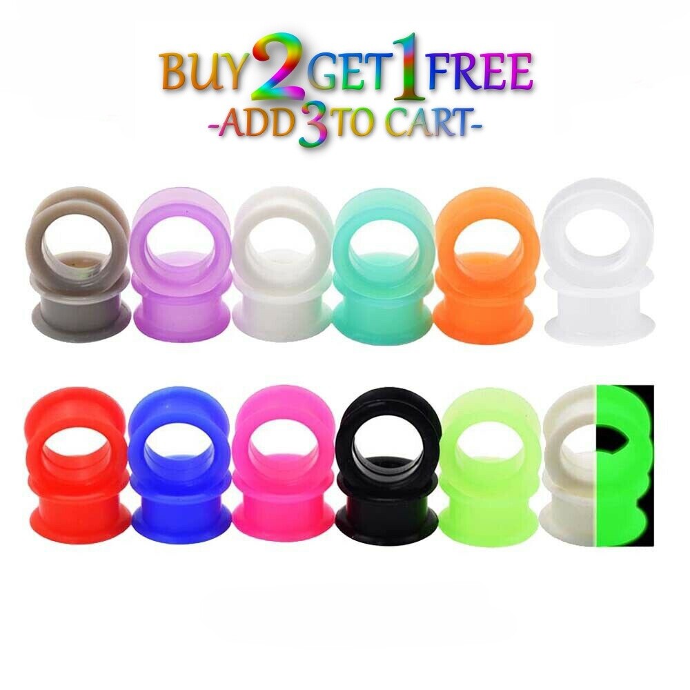 Pair 8g-50mm BLACK SILICONE EYELET TUNNELS Double Flare Gauges Thin Flesh 1032