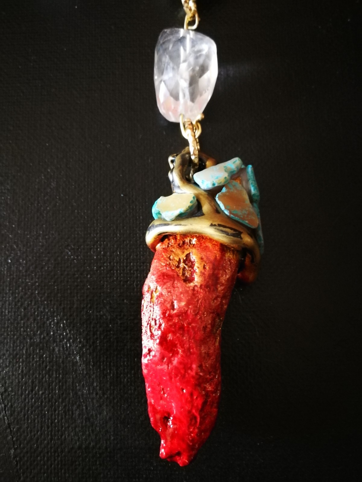 Statement Luxury Necklace Jewelry Pendant Tribal Mask Sculpture Horn & Gemstone
