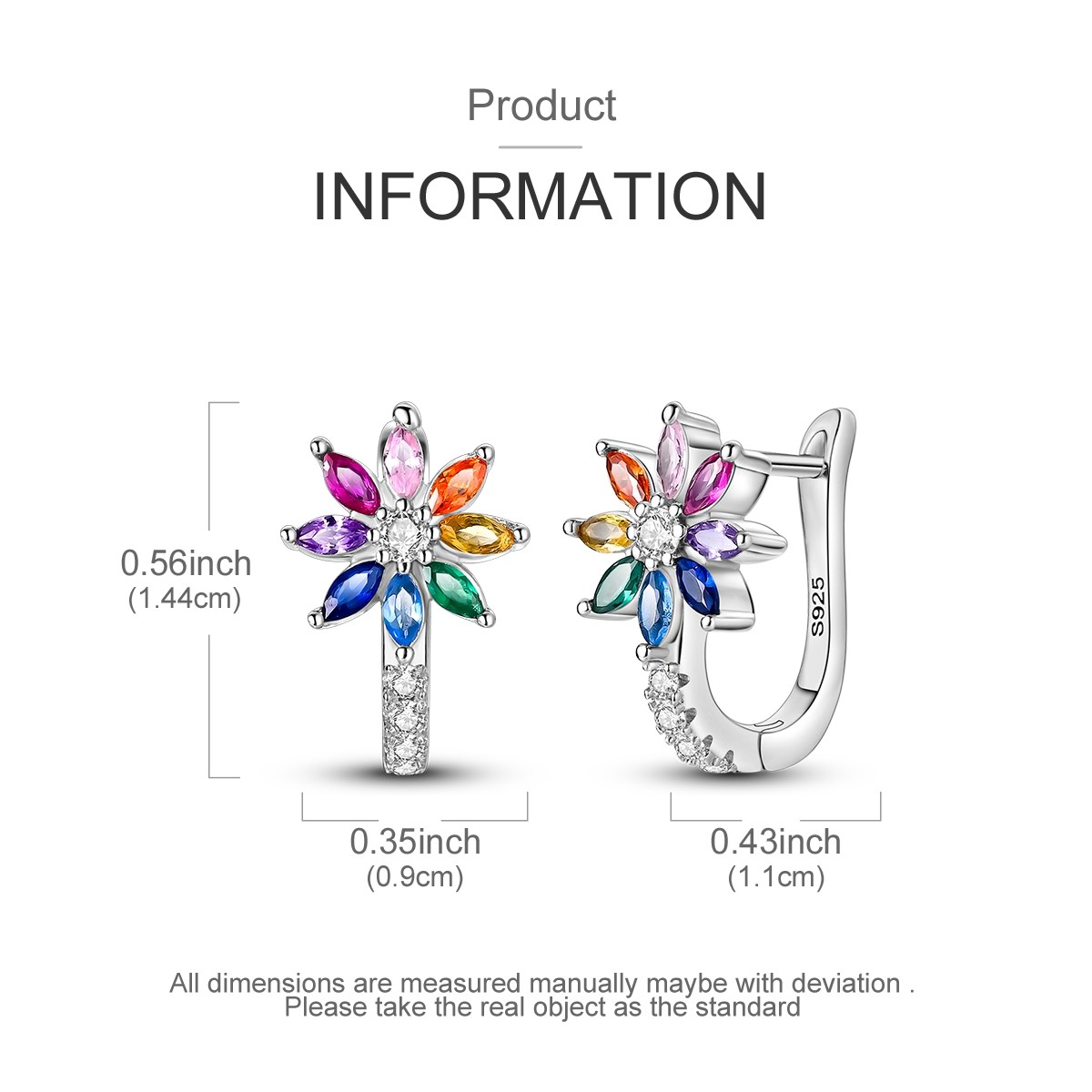 LAZA Original Women CZ Rainbow Flower 925 Sterling Silver Hoop Earrings Jewelry