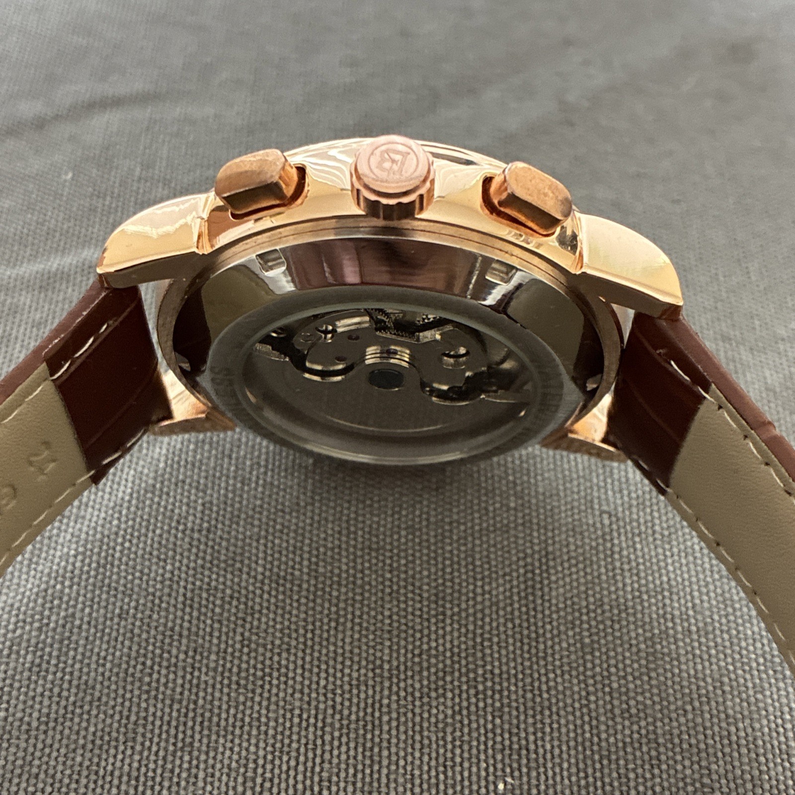 BIBI Automatic Chrono Skeleton Dial Rose Gold-Tone Case Brown Leather Strap Box