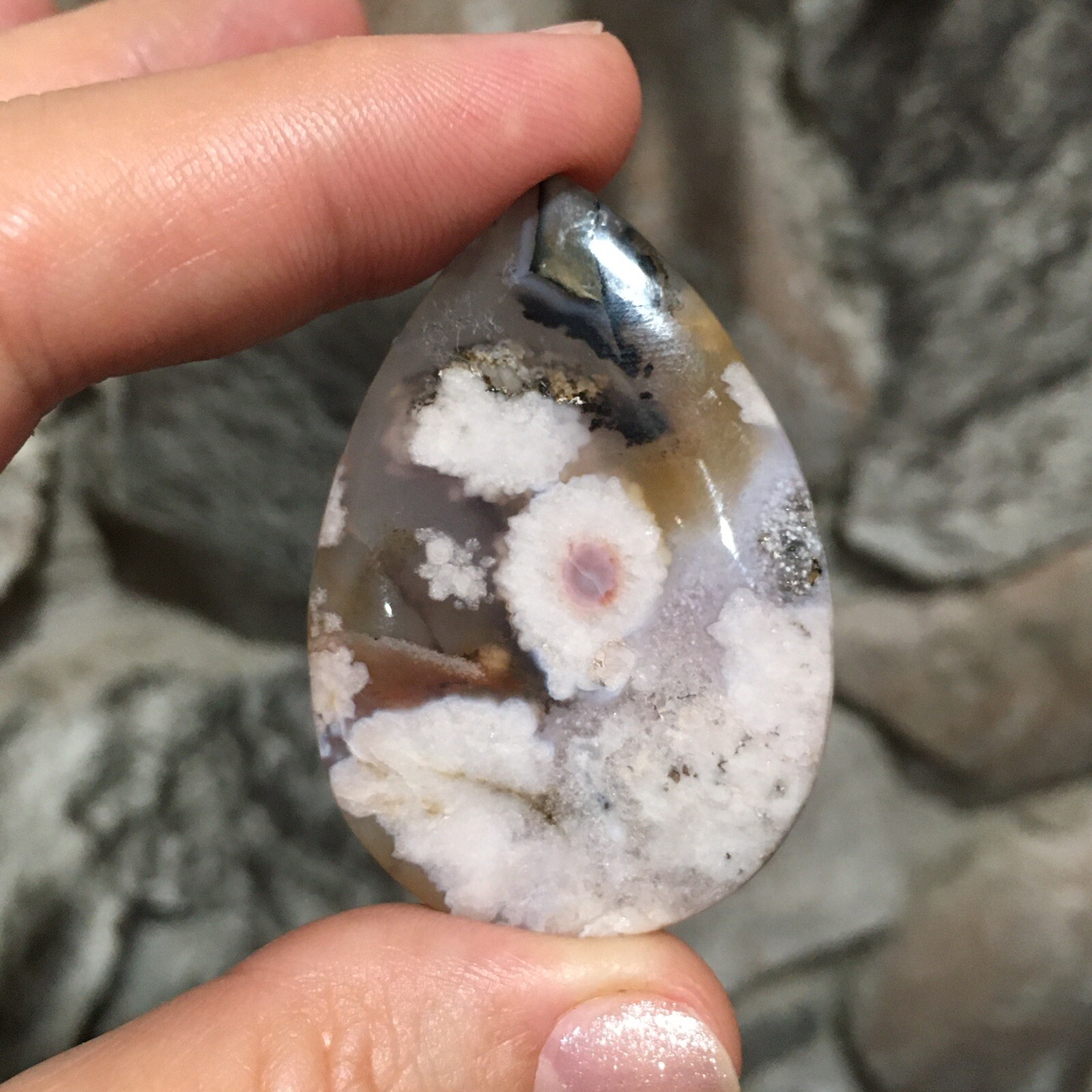 48×32.9×4.5mm Fine Collectors’ Flower Picture Plume Agate Teardrop Cabochon Gem