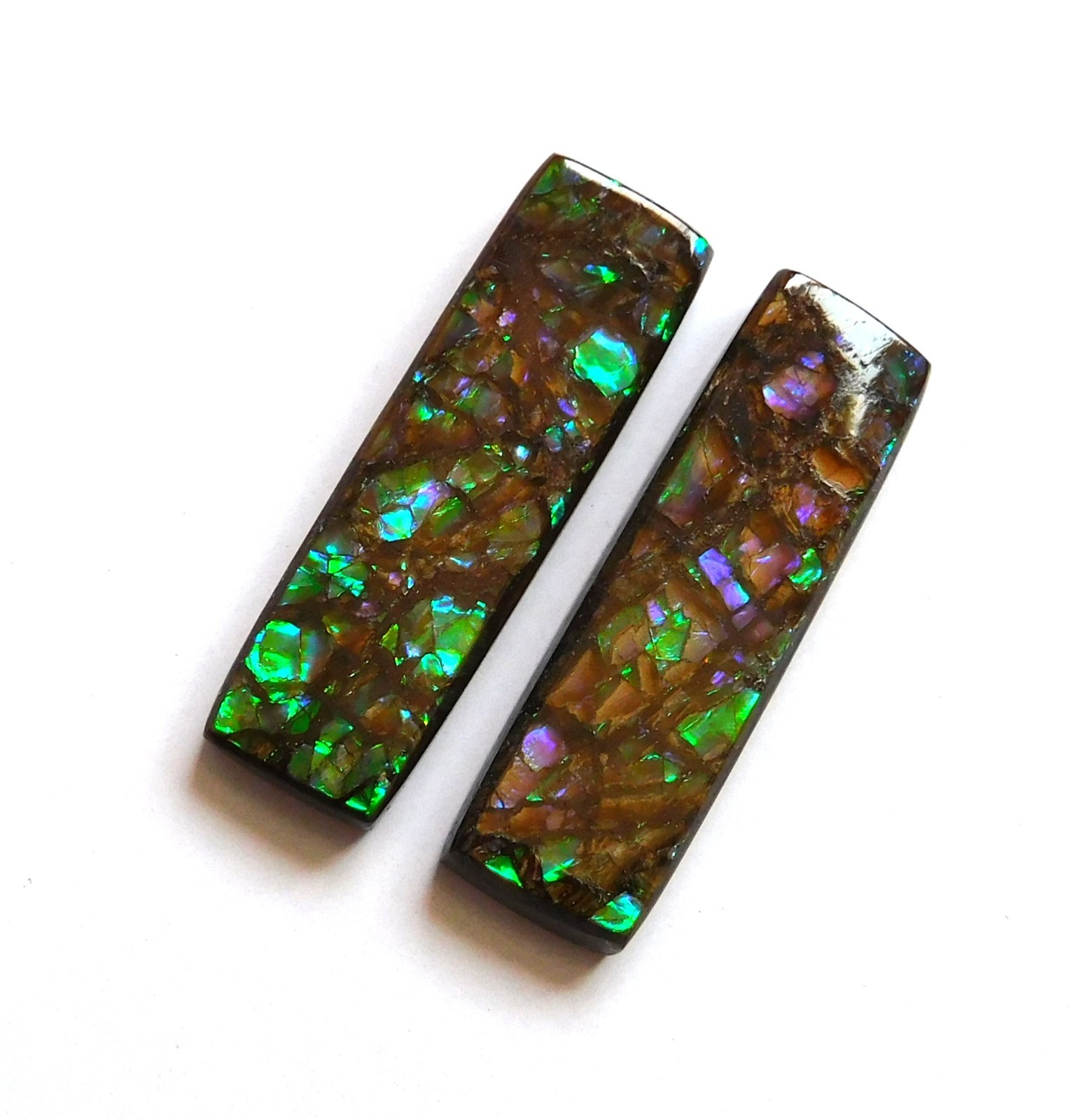 34.85 Cts Natural Ammolite (31.4mmx9.5mm each) Loose Cabochon Match Pair CE20