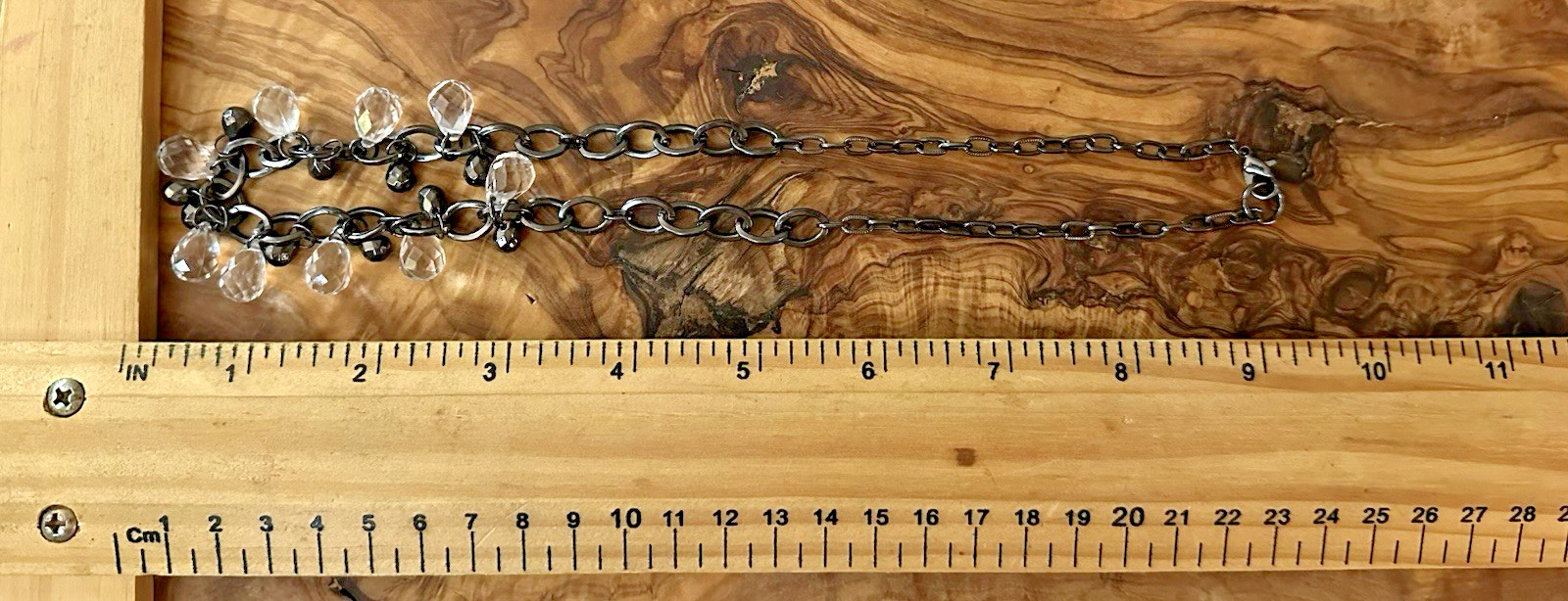 Crystal Teardrop Necklace Dangle Chain 18” Gun Metal Tone Chain Statement Chic