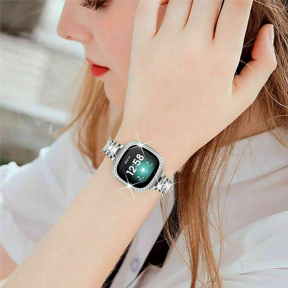 Bling Metal Watch Band Bracelet Strap With Diamond Case for Fitbit Versa 3/Sense