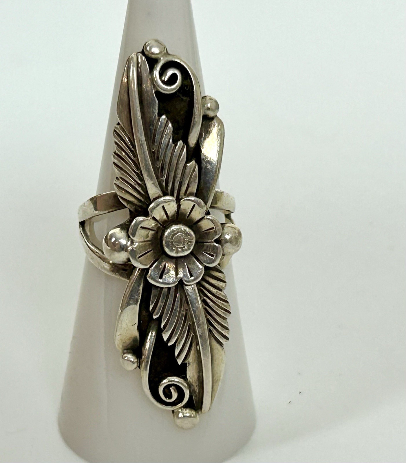Native American AJ Platero Sterling Silver Flower Statement Ring Size 7