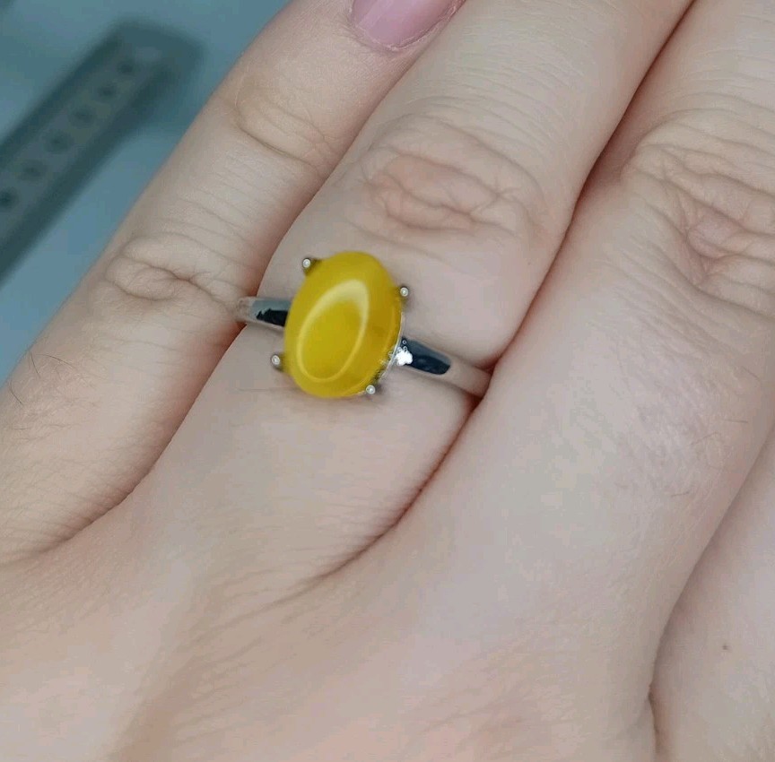 Honey Yellow Amber Crystal Gemstone Ring Adjustable Silver Tone Plated Simple