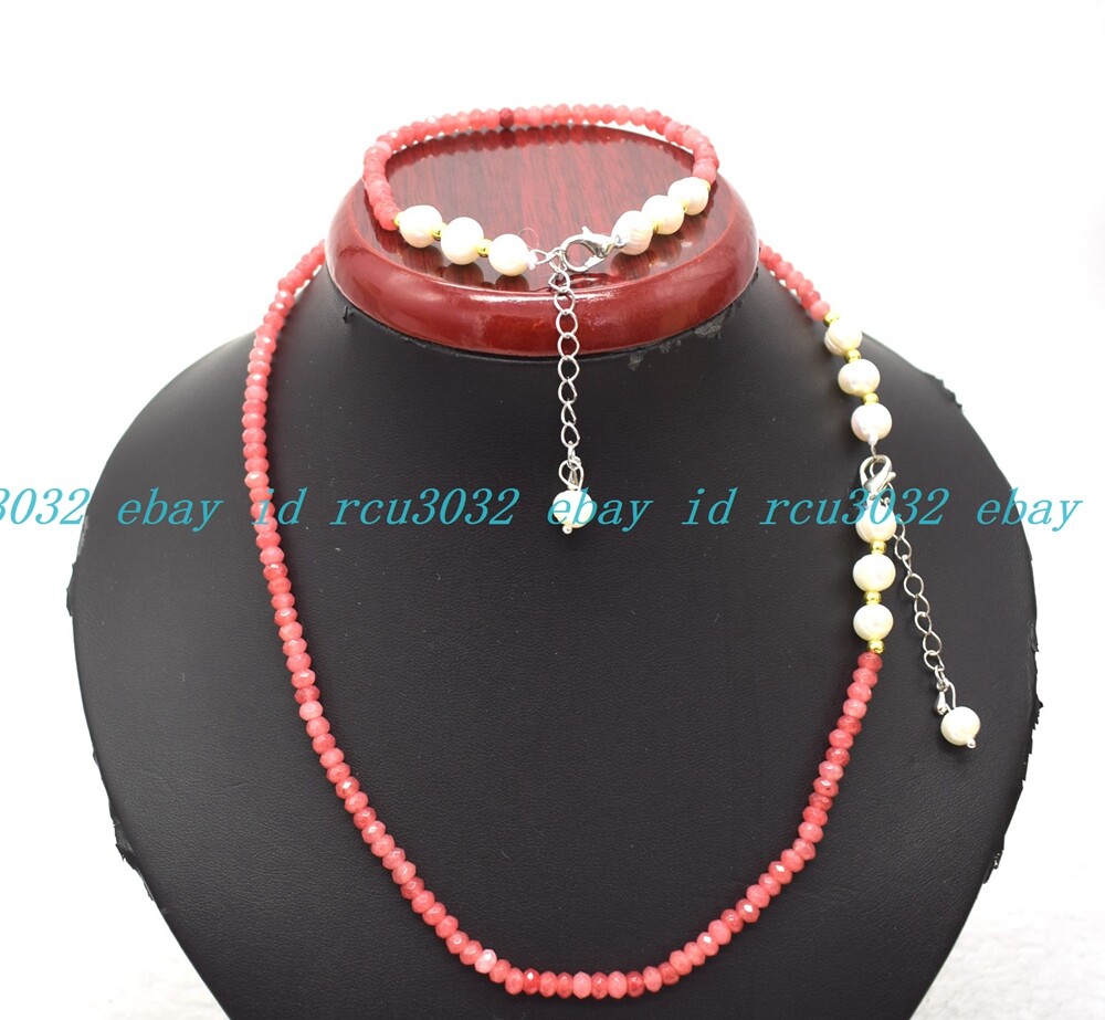 Faceted 2x4mm Multicolor Roundelle Gems & White Pearl Necklace Bracelet Set