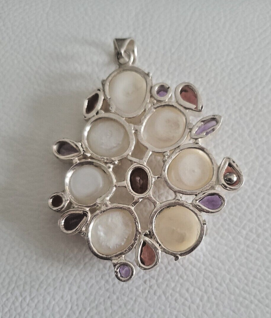 Freshwater Pearl Amethyst & Garnet 925 Sterling Silver Modernist Pendant