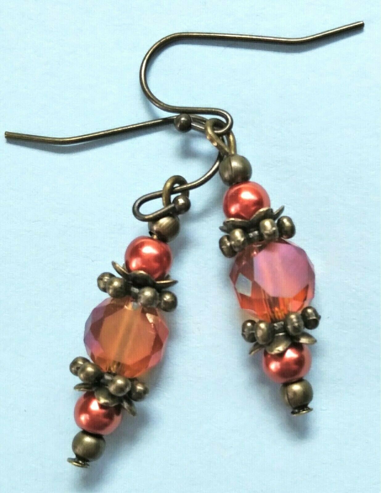 RUST Frosted CRYSTAL orange GLASS PEARL earring BRONZE French hook XX
