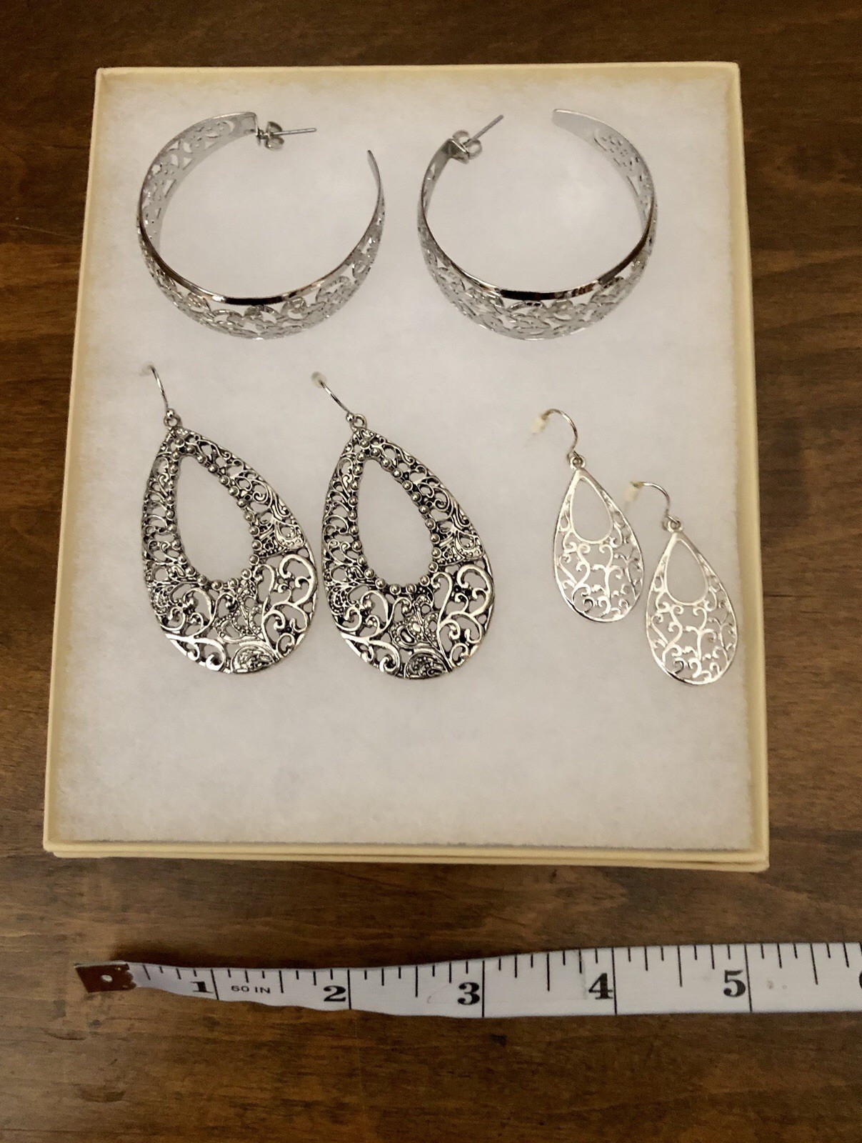 Lot Of 3 Silver Tone Filigree Pierced Earrings Costume Fashion Diff Sizes GUC