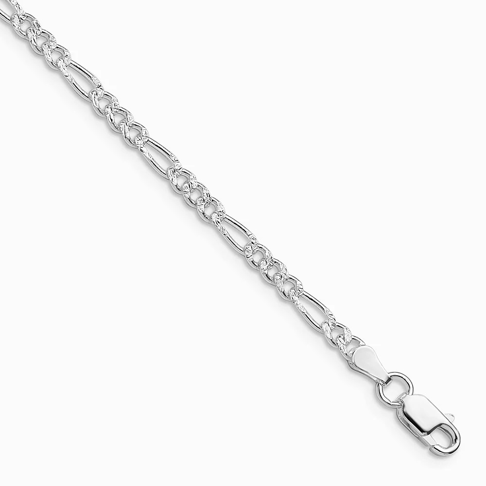 Sterling Silver Rhodium-Plated 3mm Pavé Flat Figaro Chain Bracelet 7″-8″