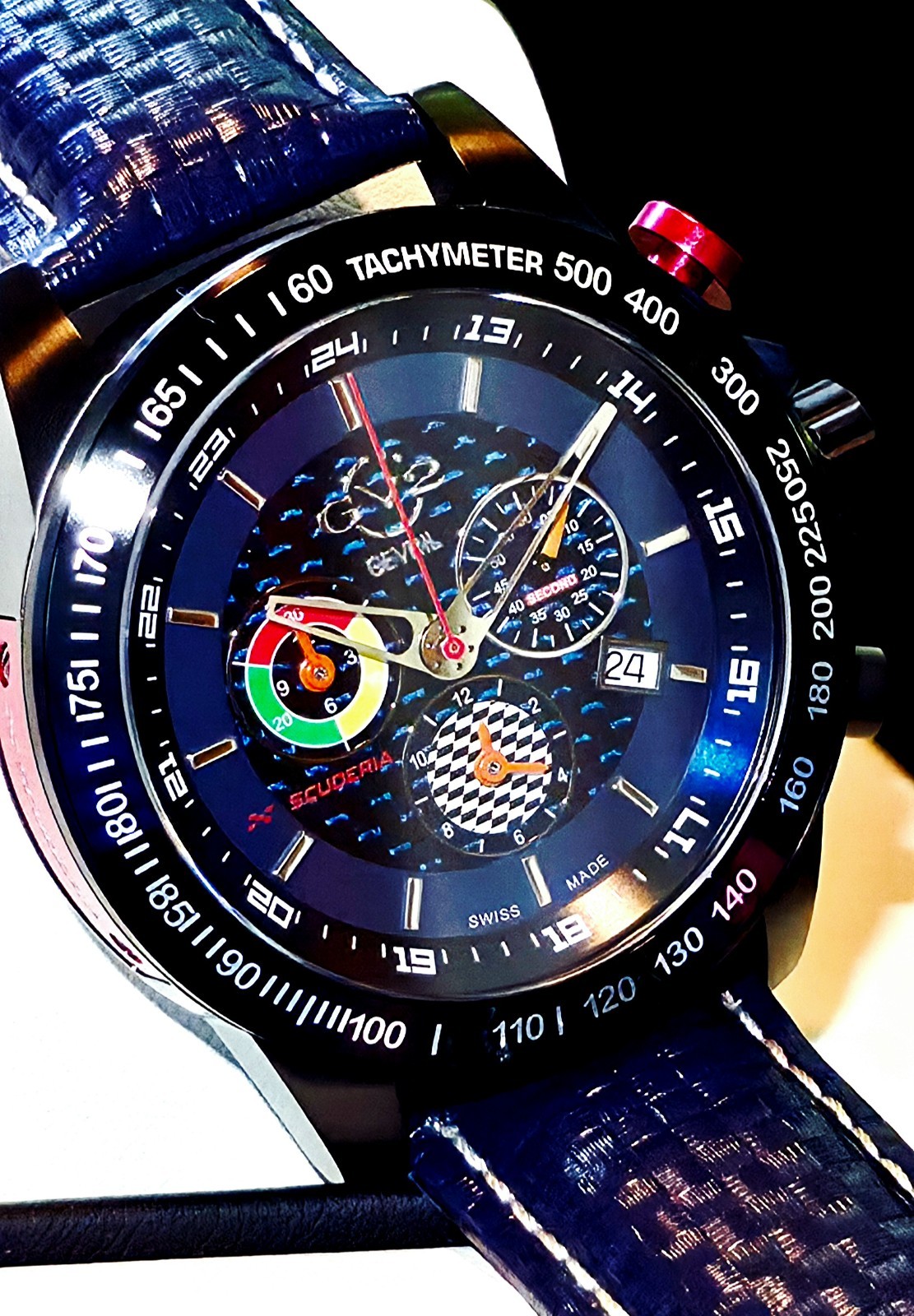 GEVRIL SCUDERIA SWISS MADE ⌚ TACHOMETER SAPPHIRE CRYSTAL CARBON FIBER BLUE ALARM