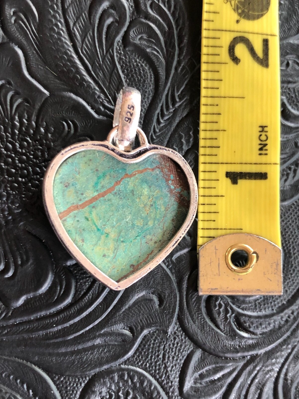 Blue Hubei Turquoise Heart Pendant 1.5″ Shadow Bezel Artisan Southwest