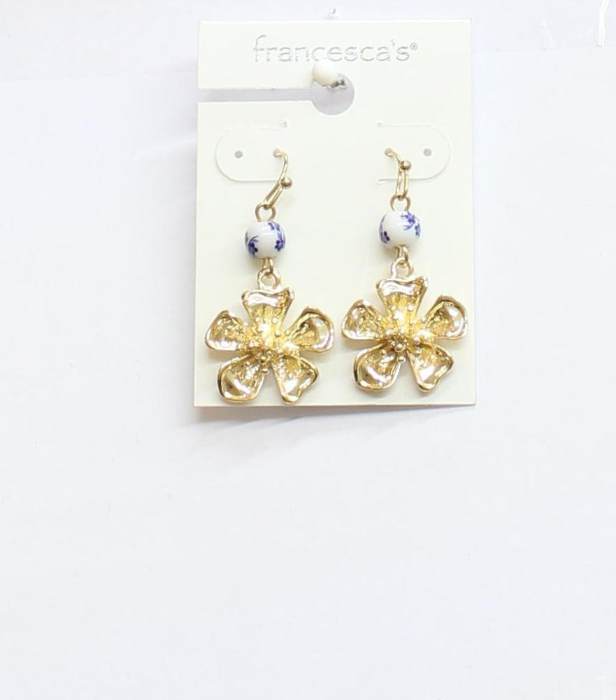 Francesca’s Ornate Flowers Painted Bead Dangly Earrings Gold / Blue Multi 1.75″