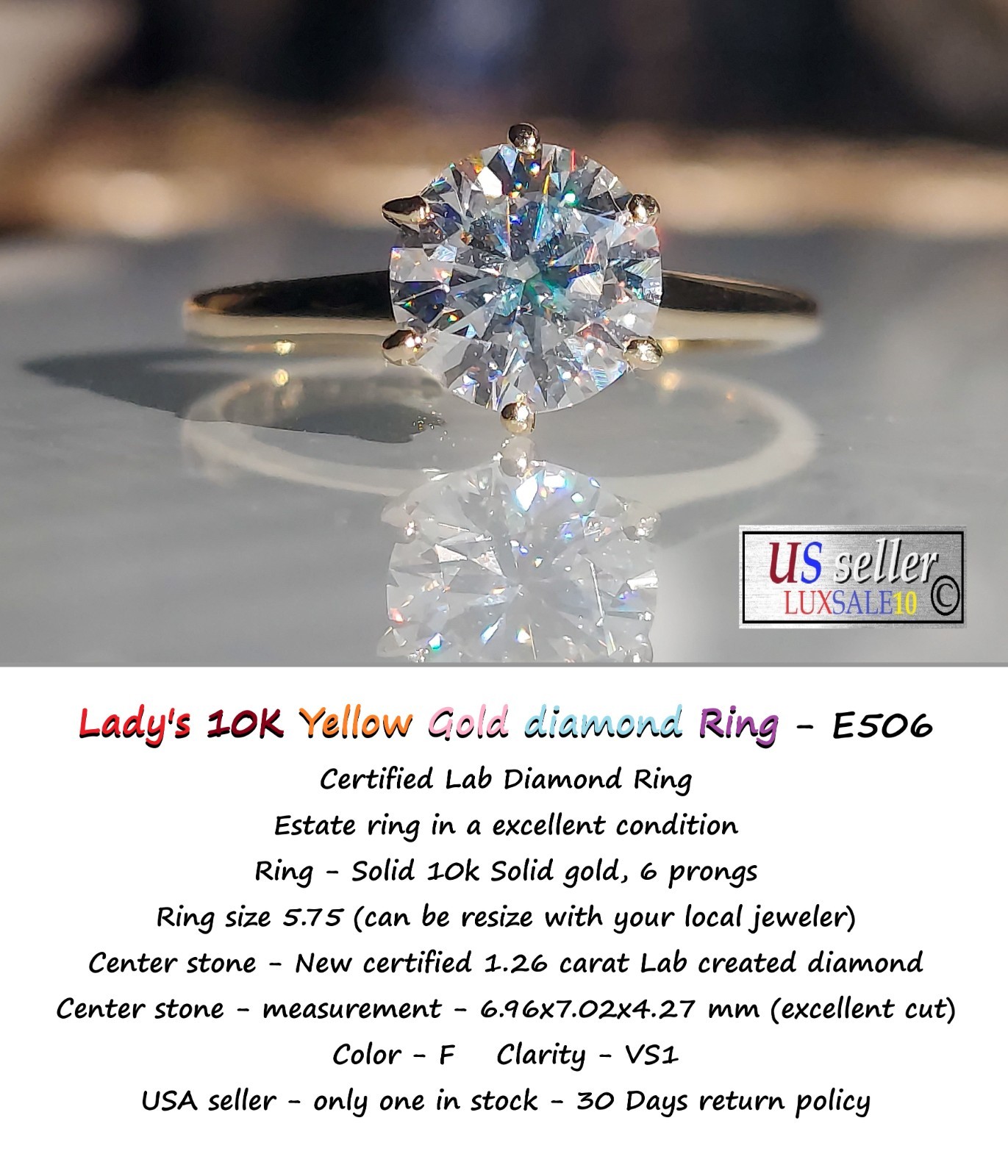Engagement ring Size 5.75 10k gold ring, 1.26 carat certified. Solitaire ring