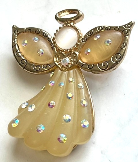 VINTAGE Angel Brooch AB Rhinestones Resin Gold Tone 2″ Pin Designer Signed KC