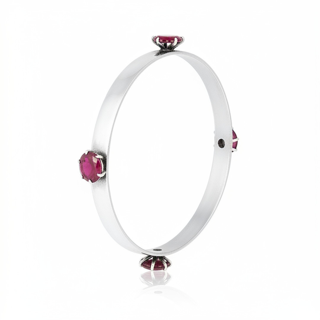 Handmade 925 Sterling Silver Bangle with Ruby Gemstones – 8.7 mm Round