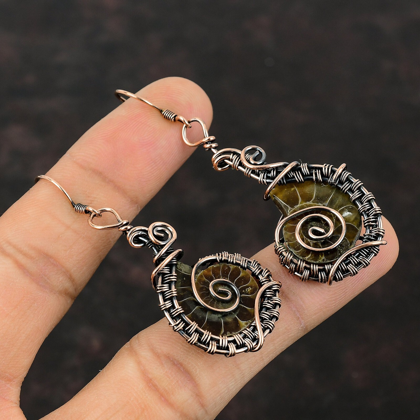Women Day Gift Ammonite Fossil Copper Wire Wrapped Drop/Dangle Earrings 2.36″