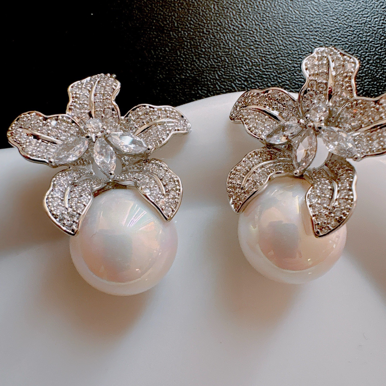 Lily Large Pearl Drop Earrings CZ Pave 925 Silver Needle Bridal Wedding Gift