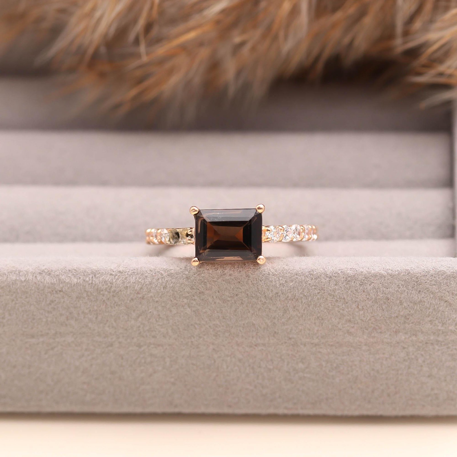 Natural Smoky Quartz Octagon Ring Rose Gold Fill Solid Silver Minimalist Jewelry