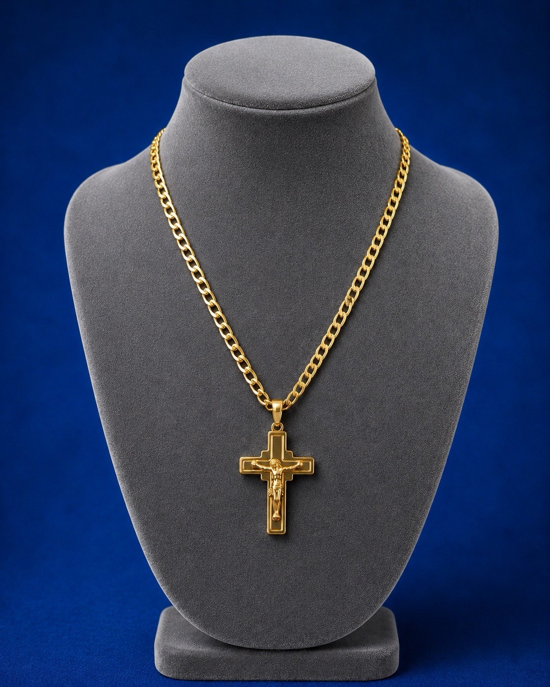 Yellow Gold Plated Cuban Link Chain Cross Charm Pendant Necklace Religious