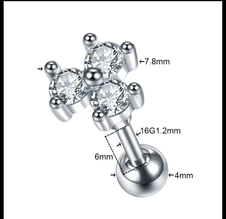 Piercing Hélix Tragus Acero Quirúrgico 16G 1.2mm Circonia Cartílago Pendiente Pl